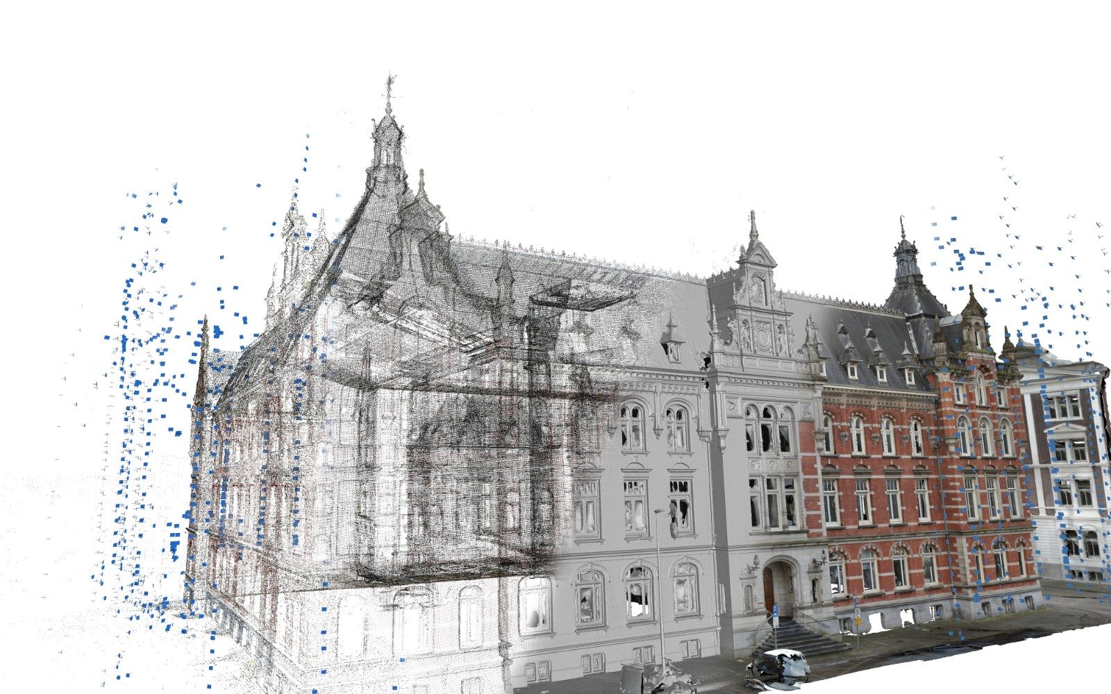 Photogrammetry model of a historic facade - point cloud transitioning into textured mesh
