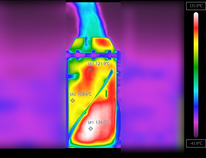 Radiometric thermal image of a vessel, hot spot reading 136 degrees C